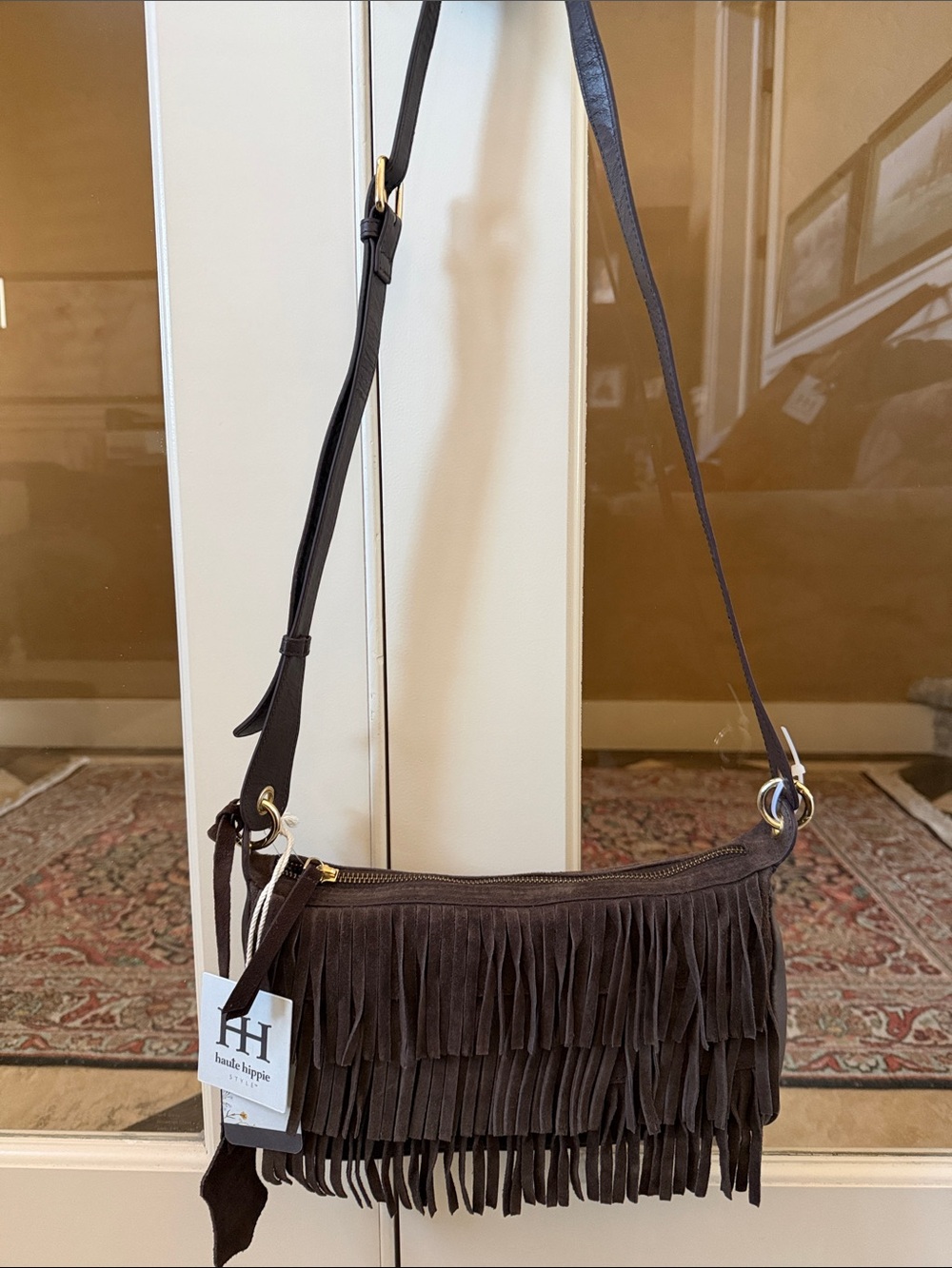 NWT Haute Hippie Dark Brown Genuine Suede Tiered Fringe Crossbody Bag